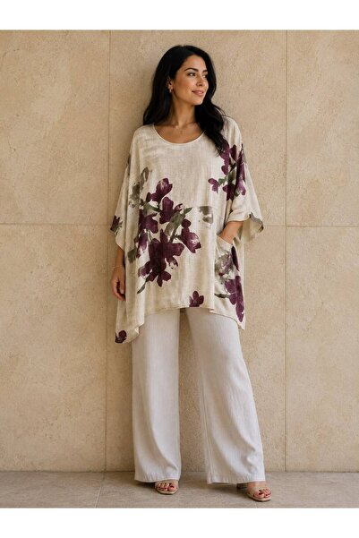 AGORATEKSTİL Women's Rose Patterned Cotton Fabric Loose Oversize Blouse with ...