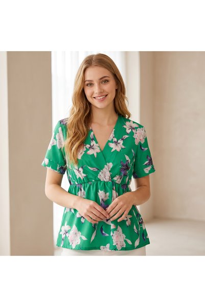 OEM Bluză de damă cu imprimeu floral, decolteu în V petrecut și talie elastic...