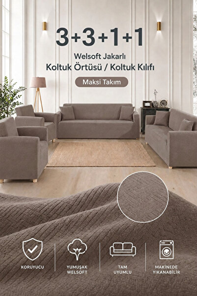 Softlife Welsoft Jakarlı 3+3+1+1 Maksi Koltuk Örtüsü Koltuk Kılıfı Takımı | Y...