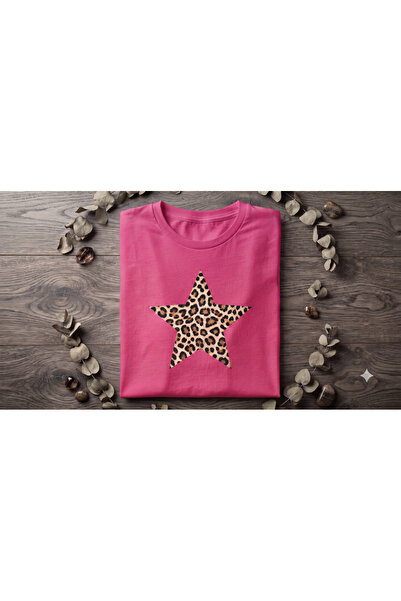 KOZİA OUTDOORS Women's Leopard Print Star Print Crew Neck Oversized Combed Co...