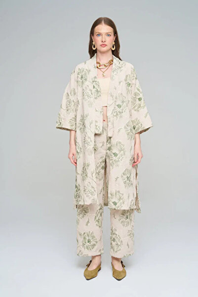 Orfeo Negro Green Floral Patterned Kimono & Wide-Legged Pants Set