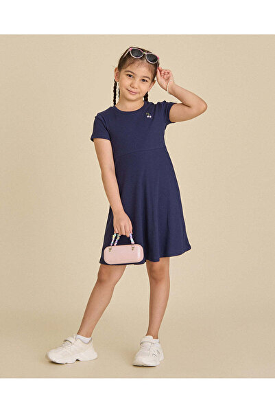 REDTAG Girls Off White And Navy Rib Dress Set (Pack Of 2)