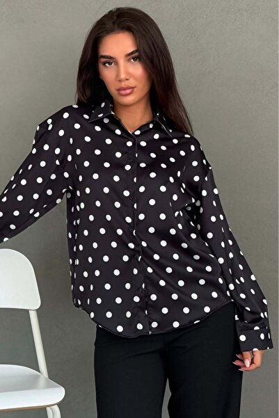 Madmext Black Polka Dot Satin Women's Shirt Mg2869