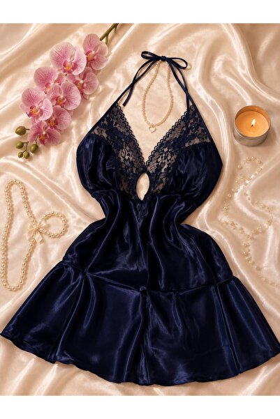 SWEET NİGHT LİNGERİE lacivert Saten Gecelik
