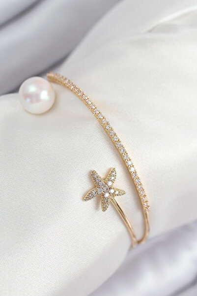 ARMÜZ Brass Zircon Stone Star and Pearl Model Gold Color Women's Bracelet