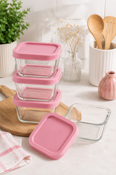 PUPSI Set 3 Caserole din Sticlă cu Capace Roz, 6 × 9 cm, Recipiente Alimentar...