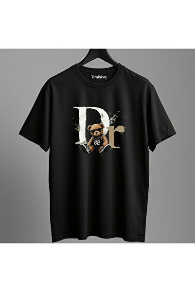 TİMİSİVA Unisex Oversized Printed Crew Neck Short Sleeve Black T-Shirt