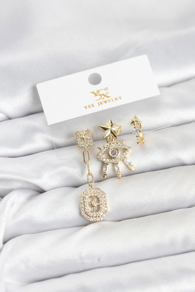 ARMÜZ Brass Gold Color Eye and Pole Star Model Ysx Trio Earring Set