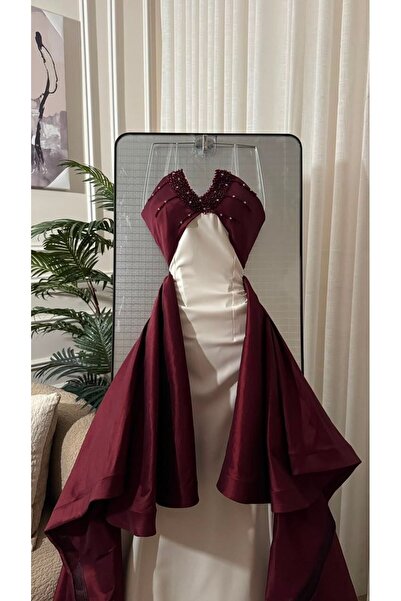 ZAYNAFASHIONSA Elegant Evening Dress Combining White and Maroon Colors