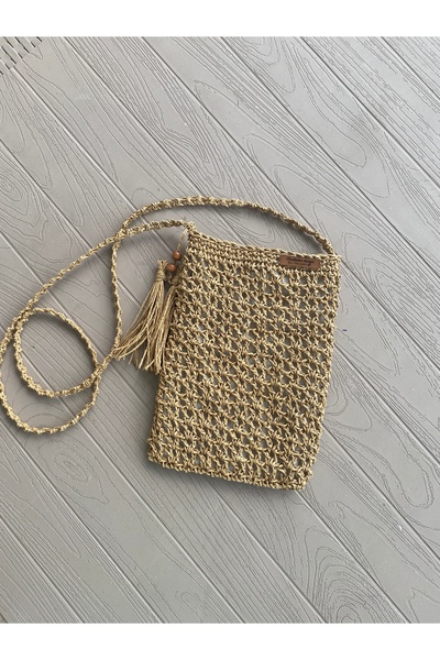 Nevdusha Design Straw Hand Knitted Patterned Shoulder Bag with Strap - Phone Bag - Postman Bag