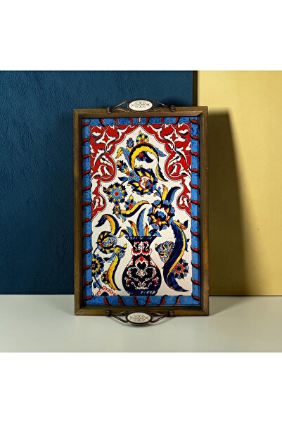 PorcelainAtelier El Yapımı Kütahya Çini Desenli Ahşap & Seramik Tepsi 42x28 c...