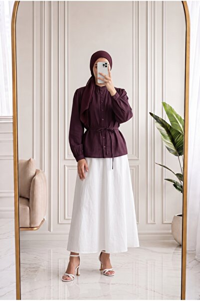 MİHRA STORE Dikan Hakim Collared Cotton Voile Shirt-Ek868 Plum