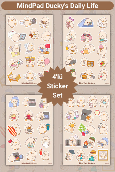 Mindpad 4'lü Sevimli Ördek Ducky'nin Günlüğü Sticker Seti - 8x12 cm Suya Daya...