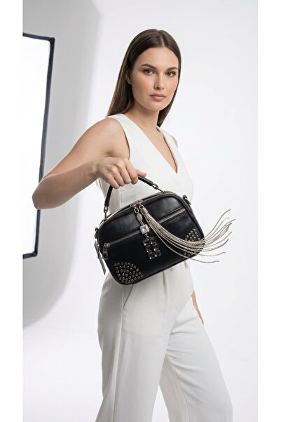 EGZEBRU Woman's black sparkling cross strap handbag