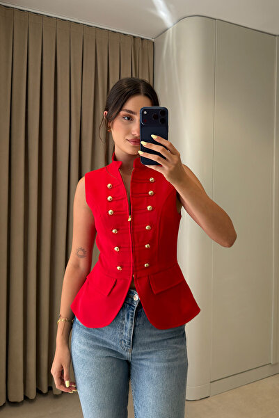 MAGARDE Premium Button-Detail Zippered Vest - Red