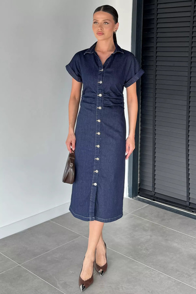 Aryena Dark Navy Blue Women's Lycra Buttoned Denim Dress