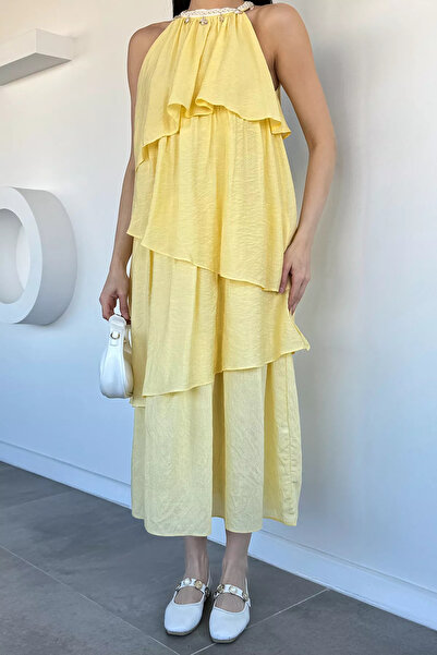 Aryena Yellow Women's Halter Neck Asymmetrical Cut Dress