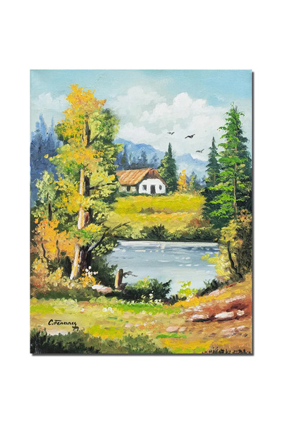 artnova Tablou peisaj din natura pictat manual, Oaza de liniste, 45x35cm ulei...