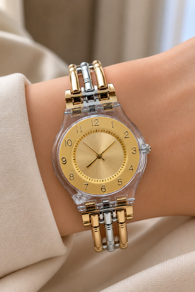 Weluxa Women's Wristwatch Transparent Case Gold-Silver Color Casual and Styli...