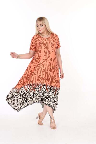kısmet sepeti Women's Plus Size Viscose Orange Color Patterned Stylish Dress
