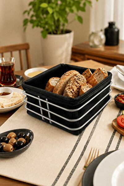 Edora Home Matte Silver Black Fabric Square Bread Presentation Basket, Breakf...