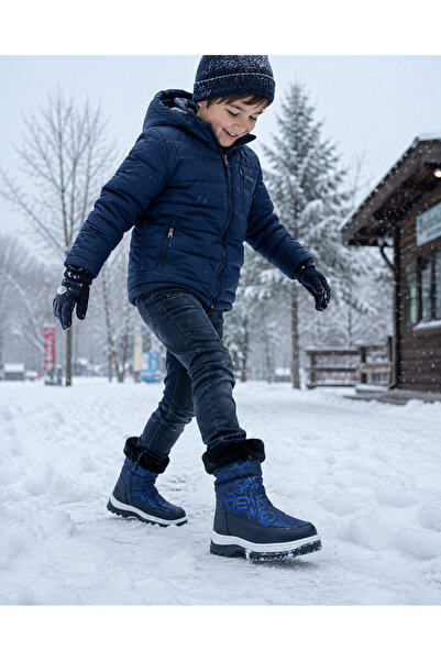 AkınalBella Boy's Navy Blue Printed Zippered Fold-Up Boots with Wool Inside