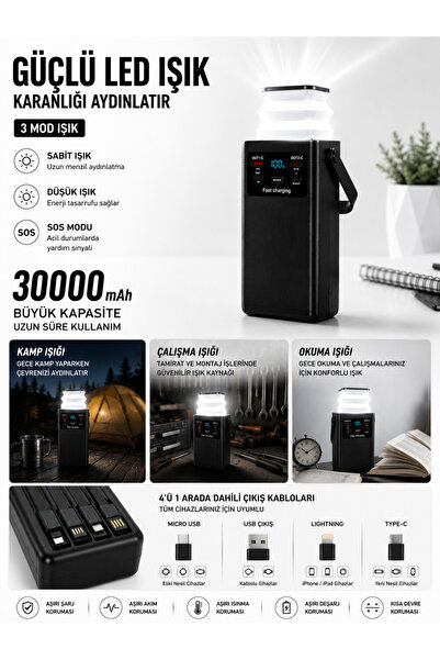 kawigo 30000mAh Powerbank Dahili Kablolu 22.5W Hızlı Şarj Taşınabilir Kamp Lambalı Powerbank LED Fener Type-C PD Power Bank Tüm Modellerle Uyumlu Powerbank