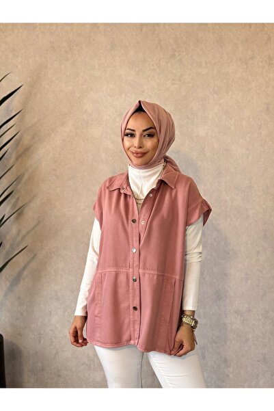 ALANURMODA 7441 سترة تينسل مخيطة من الأمام وذات جيوب باللون الوردي