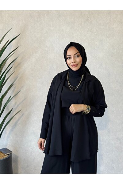 ALANURMODA 22883 سترة بياقة شال، طقم من 3 قطع، أسود