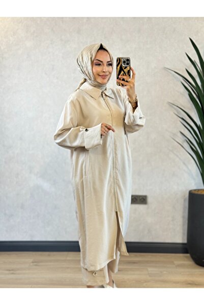 ALANURMODA 24431 قبعة طويلة بأكمام سميكة وسحاب باللون البيج