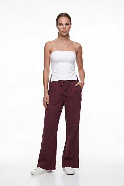 cemo Women's Comfortable Fit Straight-Leg Fabric Trousers with Elastic Waist
