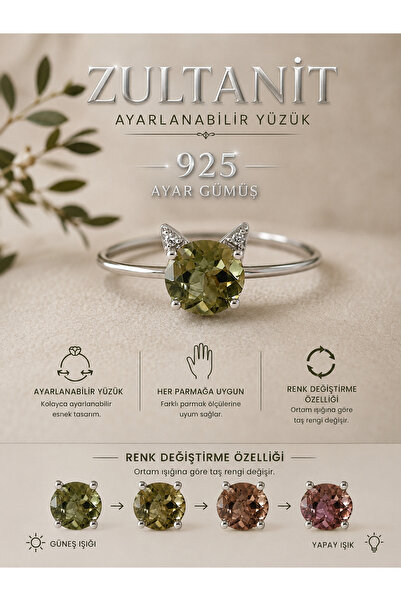 Yudi Atelier 925 Ayar Gümüş Zultanit Taşlı Kedi Yüzük | Sevgiliye Anneye Hedi...