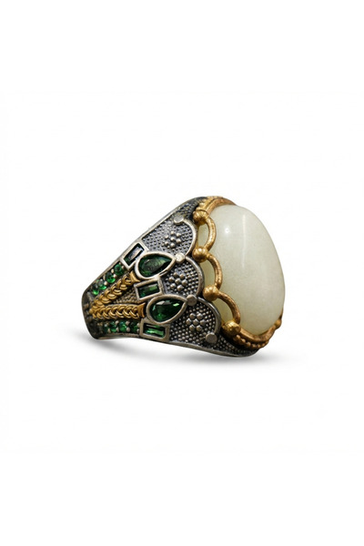 Generic 925 Sterling Silver Energy Stone Ring 12.5g Oval Green Stone with Gol...