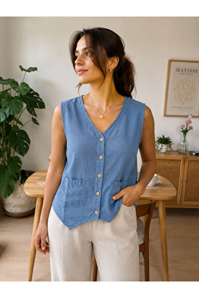 cesita Women's Indigo Blue Buttoned Front 2 Layer 100% Cotton Muslin Vest Blouse