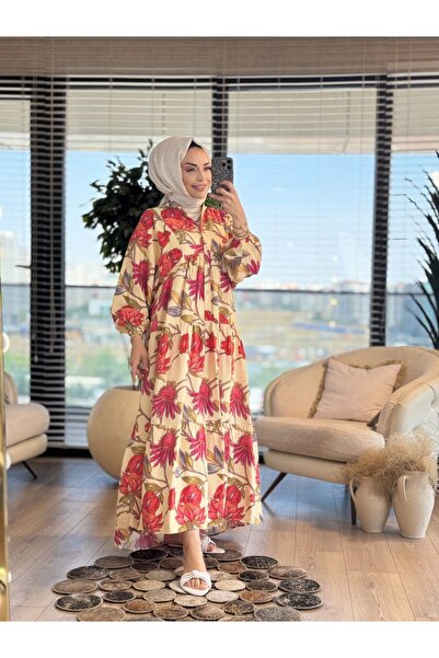 ASHILDA 25El512 Lily Patterned Dress Beige Coral