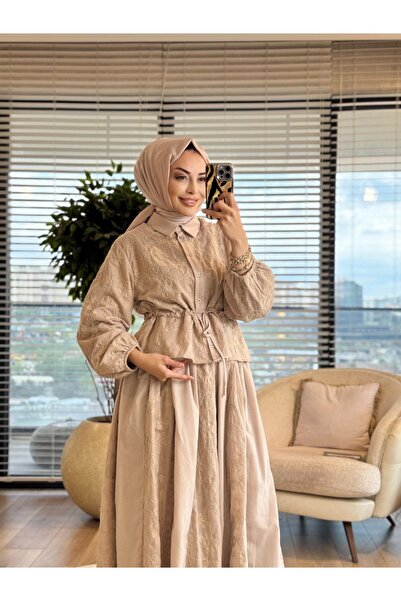 ALANURMODA 14505 Top with Scallop Flower Embroidery and Skirt Set Mink