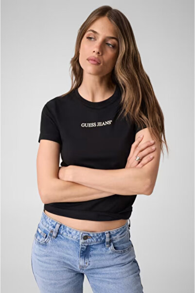 Guess Jeans Women's Black Slim Fit Logo Printed T-Shirt