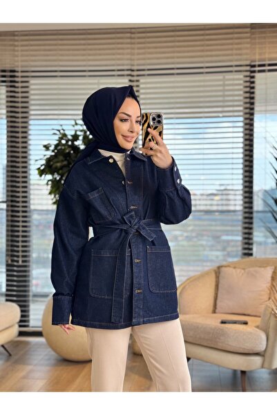 ALANURMODA 7448 Denim Jacket with Three Pockets on the Front, Dark Navy Blue