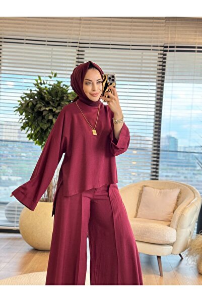 ALANURMODA 22880 طقم تونيك قصير من الأمام وطويل من الخلف باللون العنابي