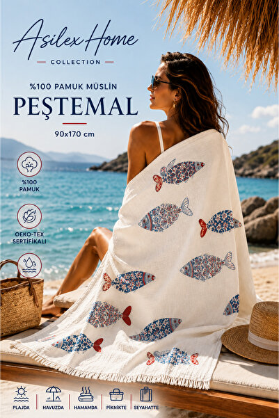 Asilex Home Collection 100% Cotton Muslin Peshtemal Marine Fish Patterned Bea...