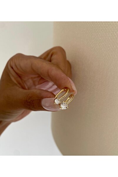 Bade Jewelry FD Gold 2’li Görünüm Damla Taş Detaylı Şık Kararmaz Çelik Earcuff