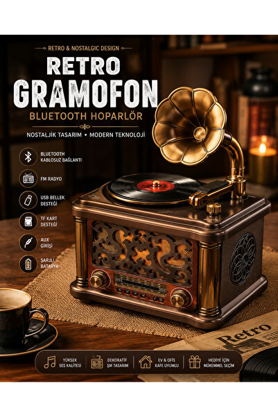KOLAYEV Retro Gramofon Tasarımlı Bluetooth Hoparlör FM Radyo USB TF Kart Şarj...