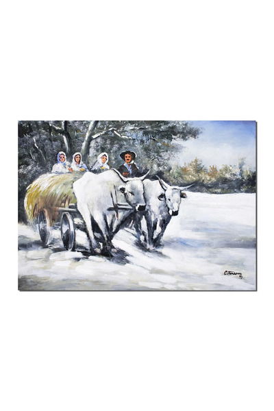 artnova Ръчно рисувана картина, Околовесна карета през зимата, 70x50см маслен...