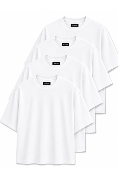 MİLANDORE Pack of 4 White Unisex Oversize T-Shirts - Crew Neck Basic T-Shirt