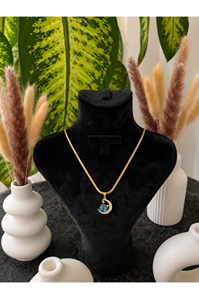 ENORİA ACCESSORİES Ay Taşlı Gold Renk Kadın Kolye – Mavi Taş Detaylı