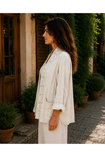 Miss Boheme Ecru Color Linen Jacket with Lace and Pocket Detail