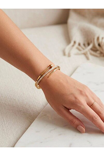 VAREVİA Crossed Stone-Studded Steel Bracelet