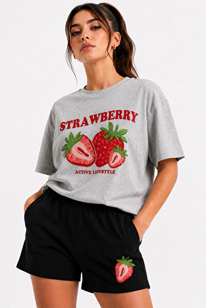 JAWÜ STYLE T-Shirt Shorts Set Strawberry Printed Oversize Fit Cotton