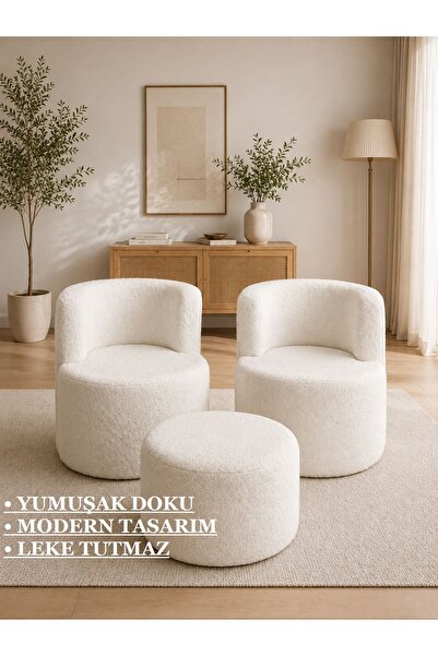 BM DESİNG Peluş 2'Li BERJER Ve PUF Çay Seti - 3'lü Takım - Ayaksız