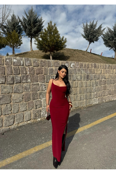 kırmızı butiks Burgundy Slit Collar Dress